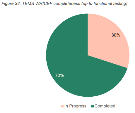 The figure describes the WRICEF completeness against the Travel and Expense Management (TEMS) value stream. 30 per cent are in progress and 70 per cent are complete.