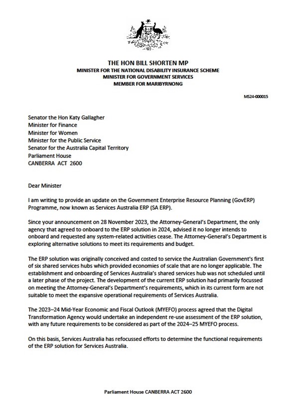 Page one of correspondence from the Minister for Government Services to the Minister for Finance, 26 April 2024 providing an update on the GovERP program