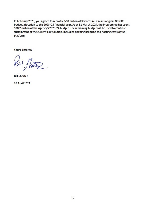 Page two of correspondence from the Minister for Government Services to the Minister for Finance, 26 April 2024 providing an update on the GovERP program