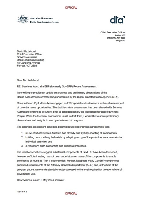 Page one of correspondence from the Minister for Government Services to the Minister for Finance, 26 April 2024 providing an update on the GovERP program. Full text is available in Accessible Appendix E