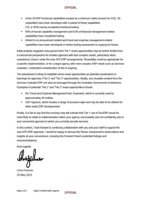 Page two of correspondence from the Minister for Government Services to the Minister for Finance, 26 April 2024 providing an update on the GovERP program. Full text is available in Accessible Appendix E